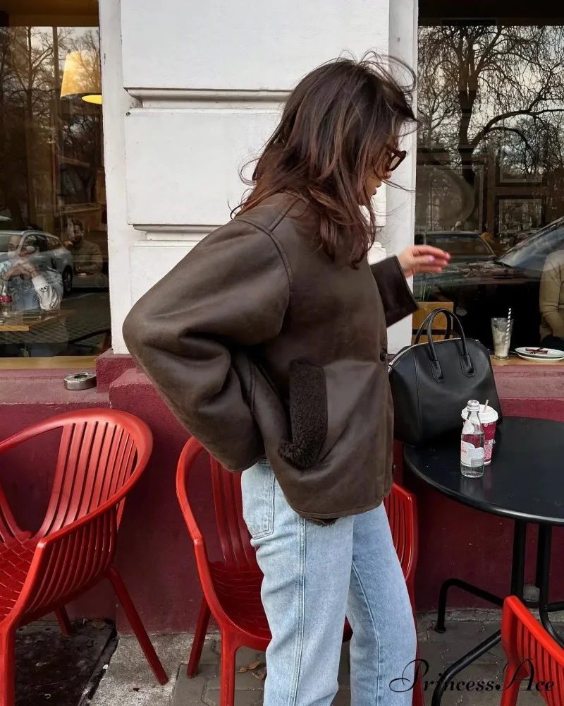 Brown Faux Leather Charming Black Lining Fur Jacket - Image 15