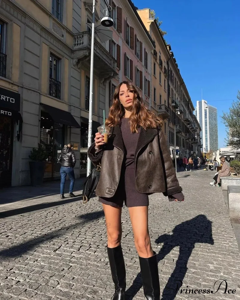 Brown Faux Leather Charming Black Lining Fur Jacket - Image 16