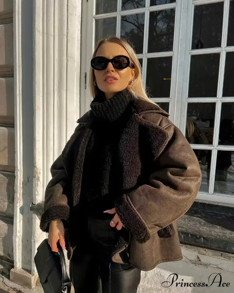 Brown Faux Leather Charming Black Lining Fur Jacket - Image 3