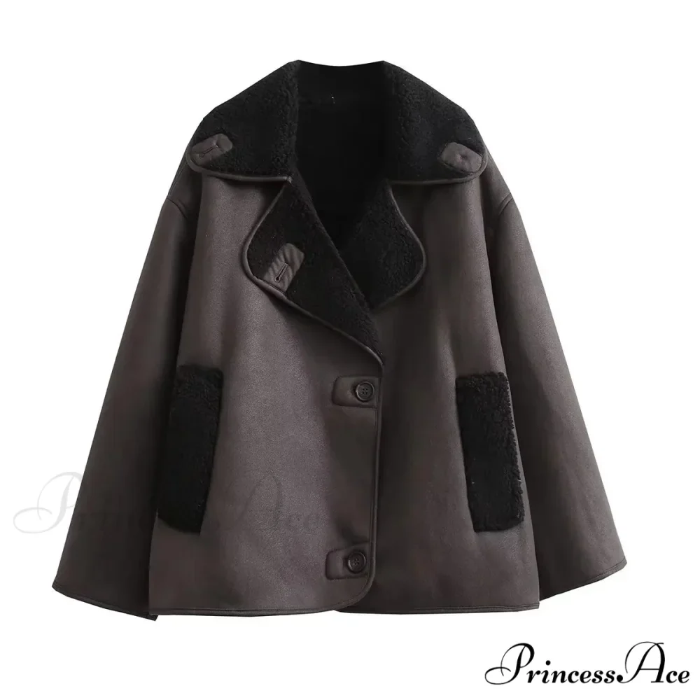 Brown Faux Leather Charming Black Lining Fur Jacket - Image 4