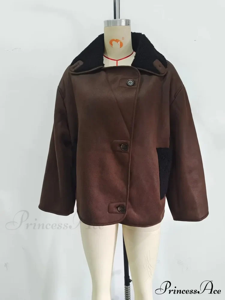 Brown Faux Leather Charming Black Lining Fur Jacket - Image 5