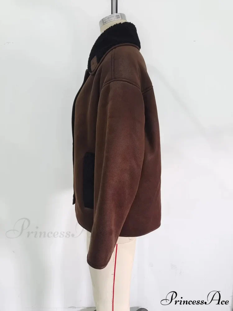 Brown Faux Leather Charming Black Lining Fur Jacket - Image 6