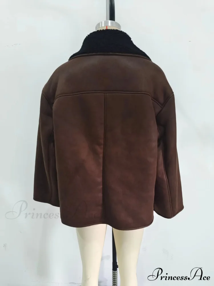 Brown Faux Leather Charming Black Lining Fur Jacket - Image 7