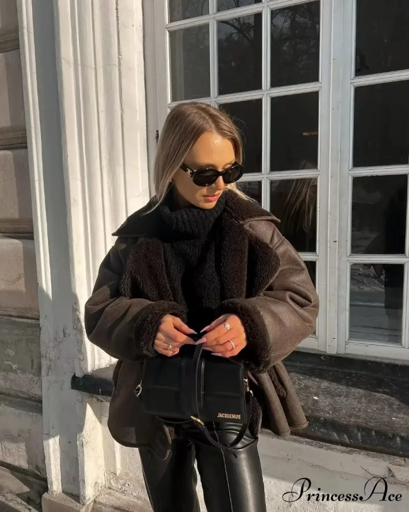 Brown Faux Leather Charming Black Lining Fur Jacket - Image 9