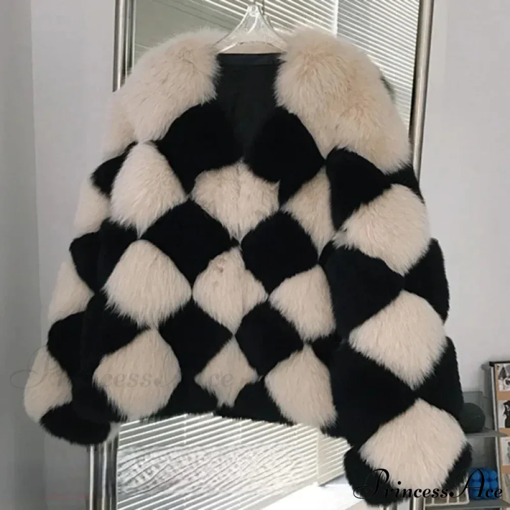 Checkerboard Faux Stylish Fur Coat - Image 2