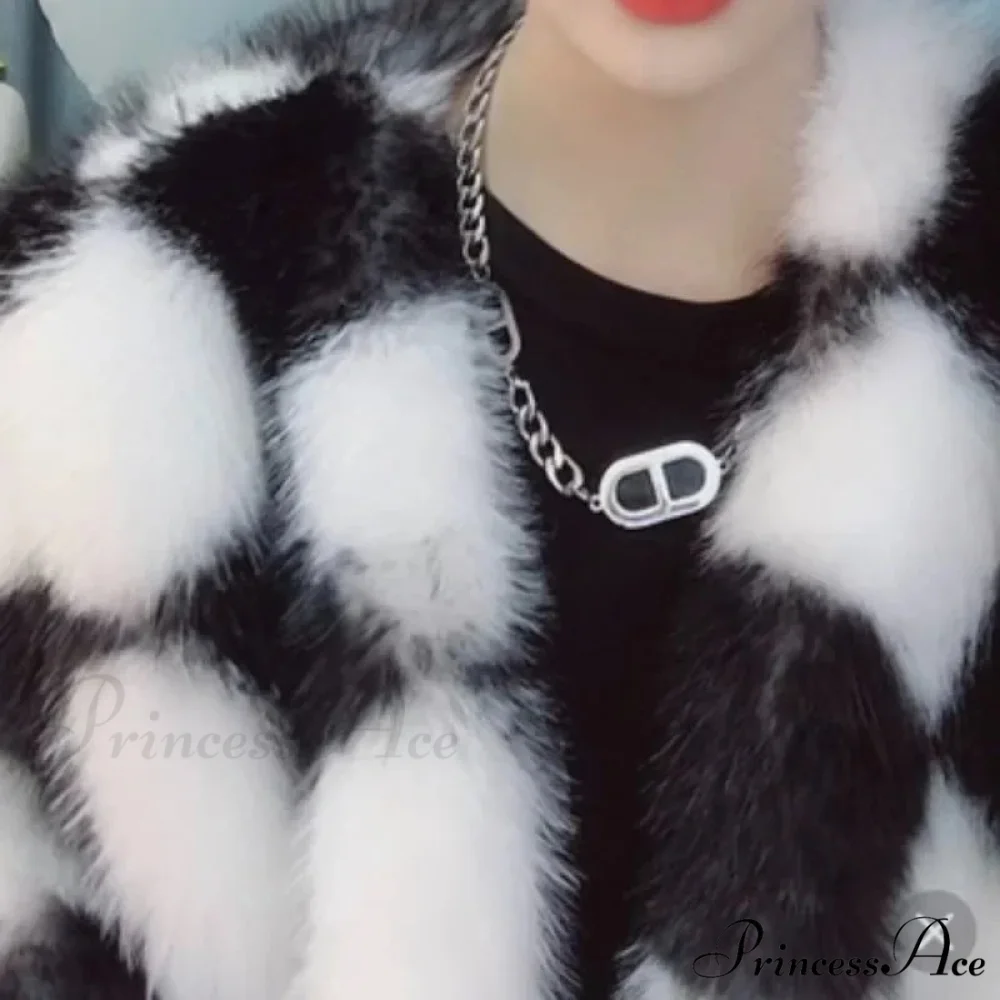 Checkerboard Faux Stylish Fur Coat - Image 4