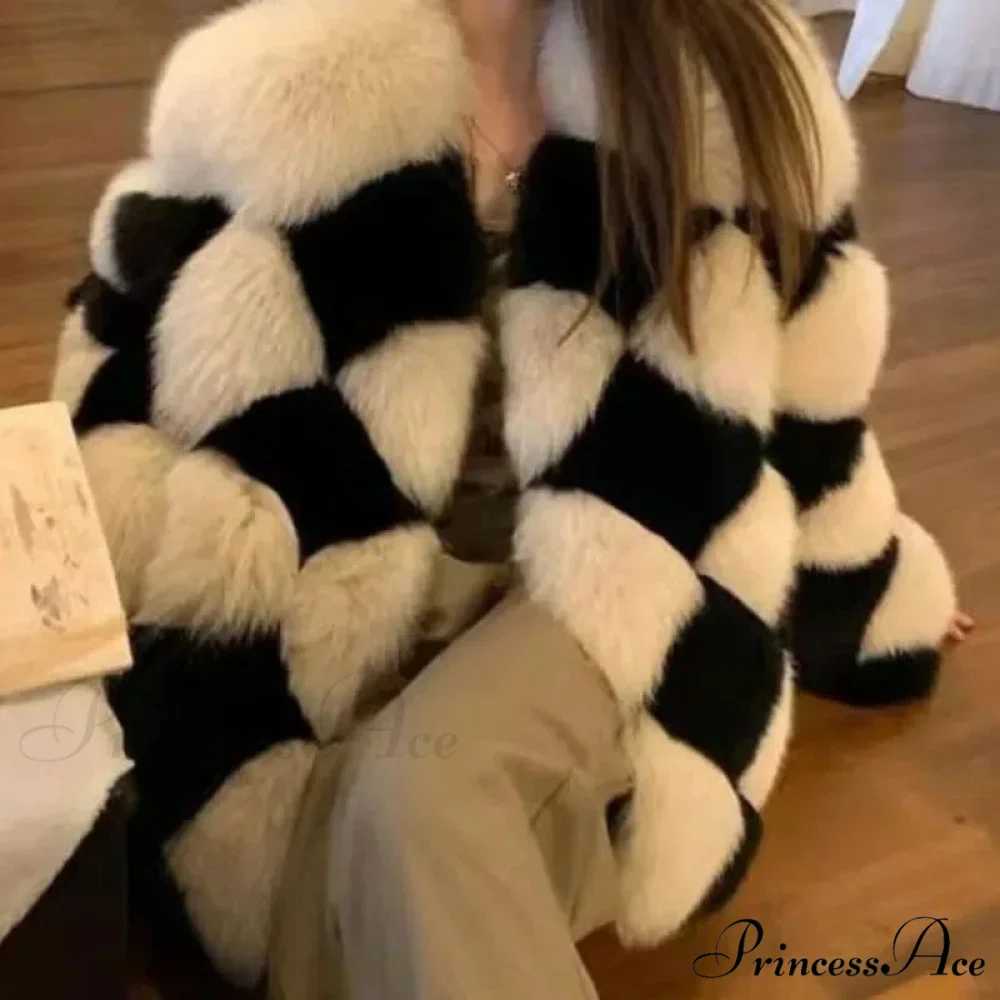 Checkerboard Faux Stylish Fur Coat - Image 6