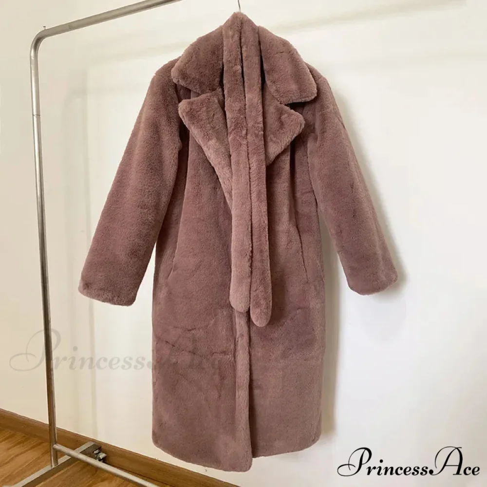 Faux Fur Stylish Long Belted Coat - Image 12