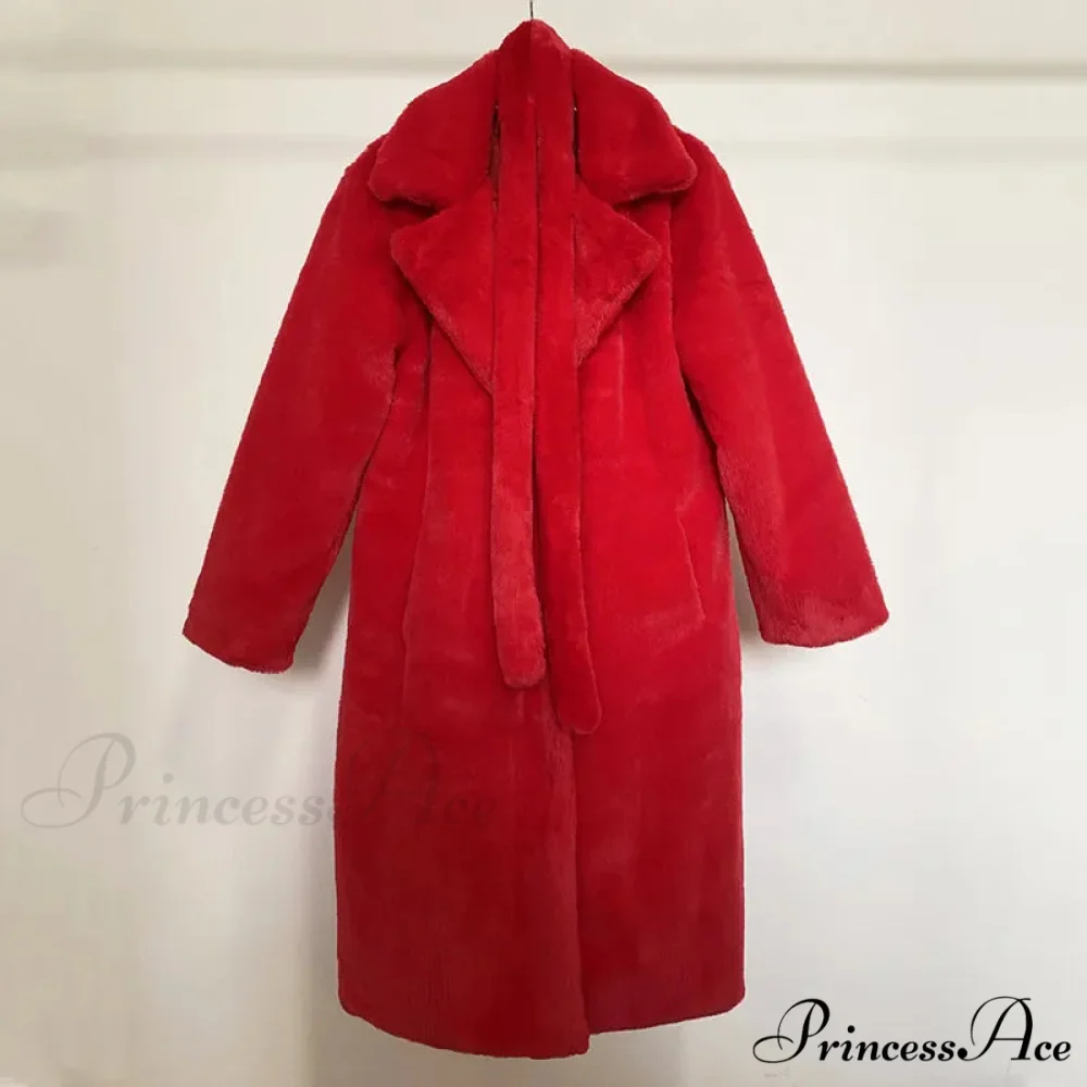 Faux Fur Stylish Long Belted Coat - Image 16