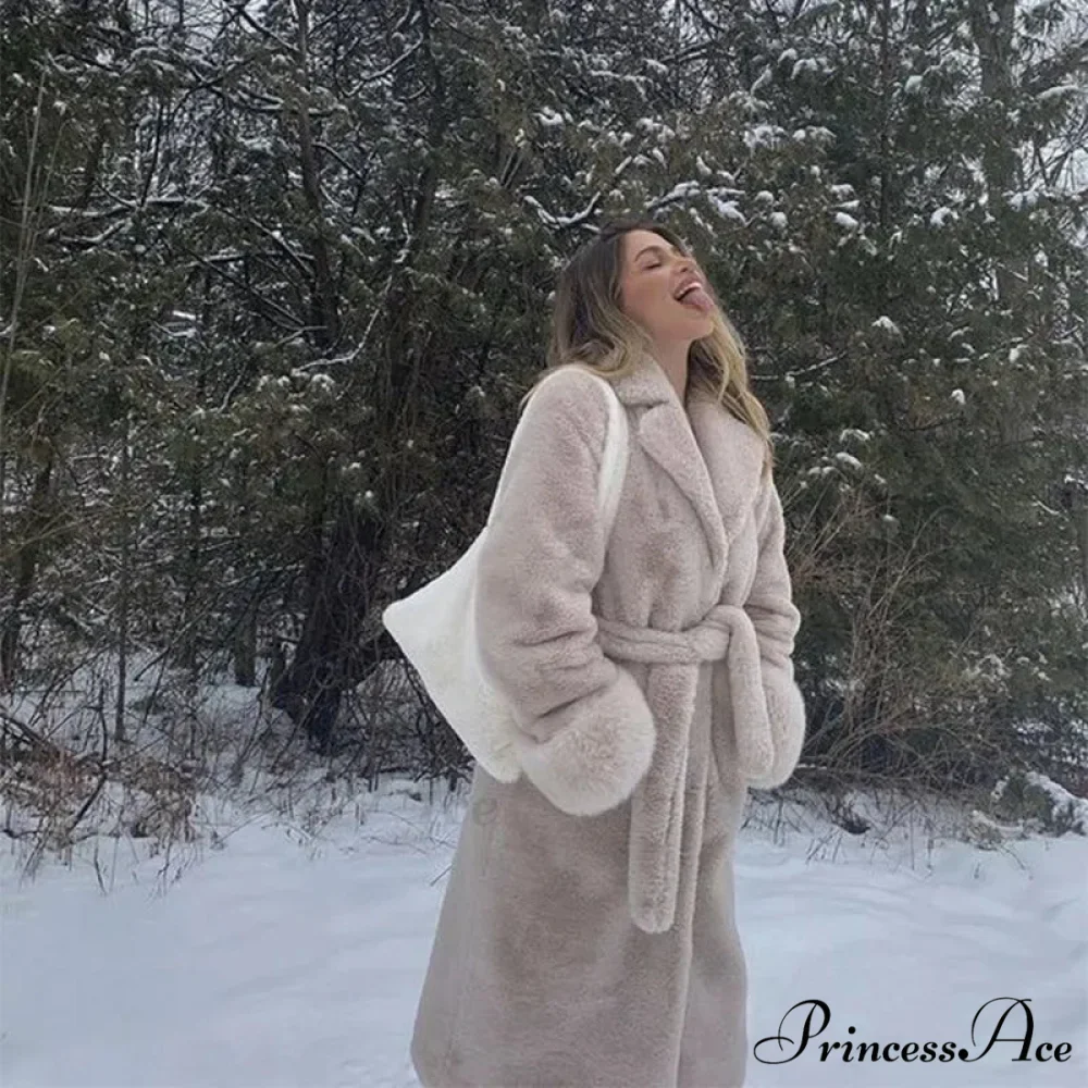 Faux Fur Stylish Long Belted Coat - Image 2