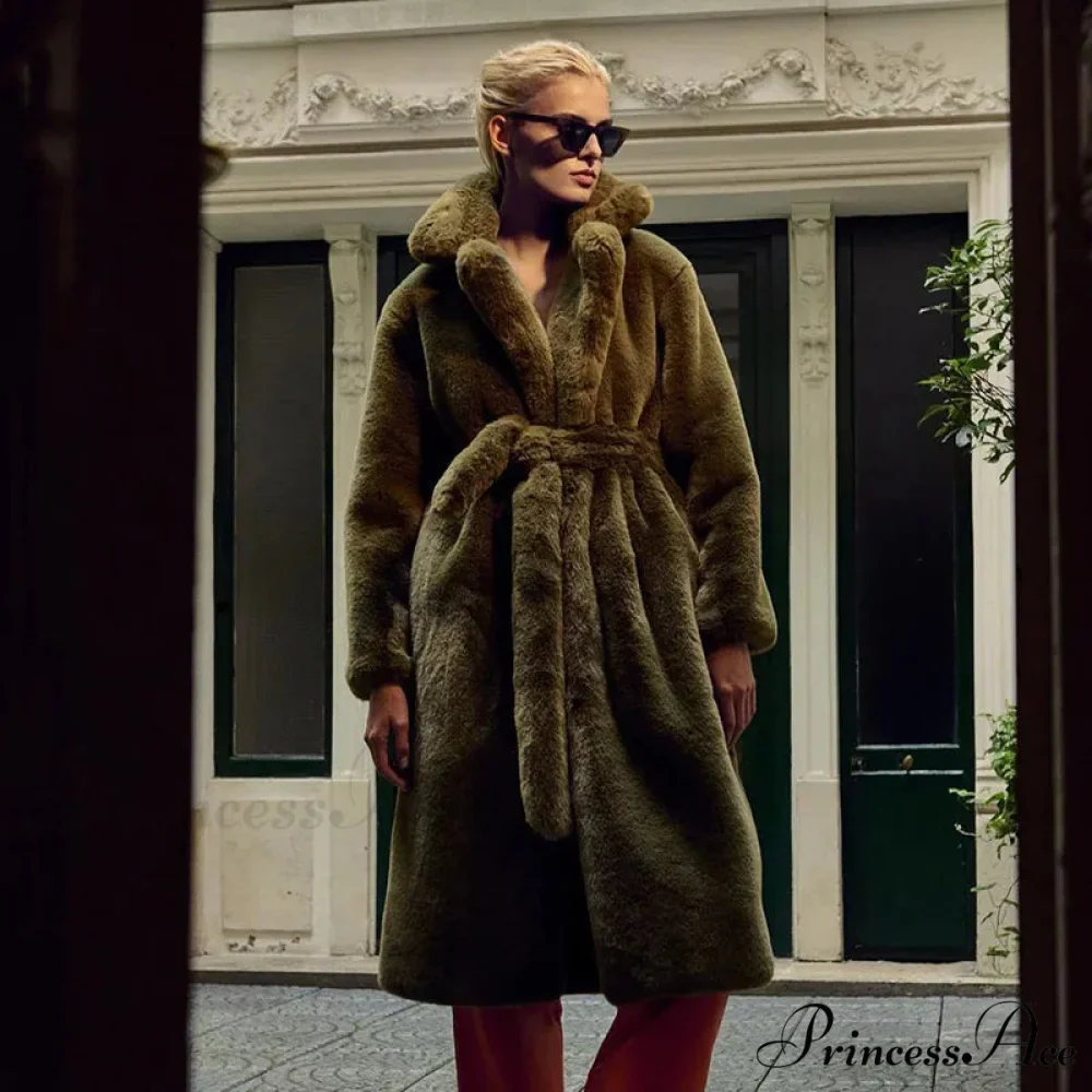 Faux Fur Stylish Long Belted Coat - Image 30