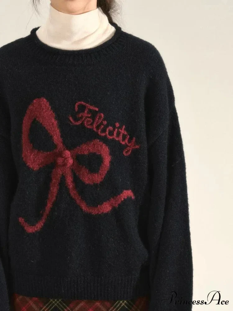 Embroidery Elegant Bow Sweater - Image 3