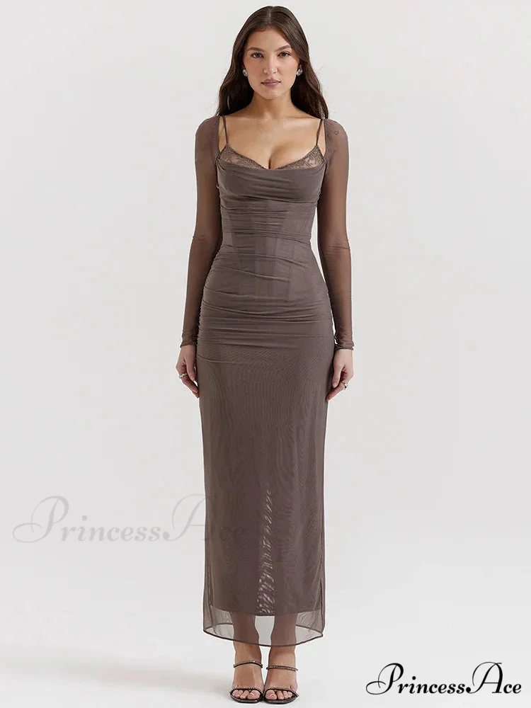 Sheer Long Sleeve Charming Bodycon Maxi Dress - Image 2