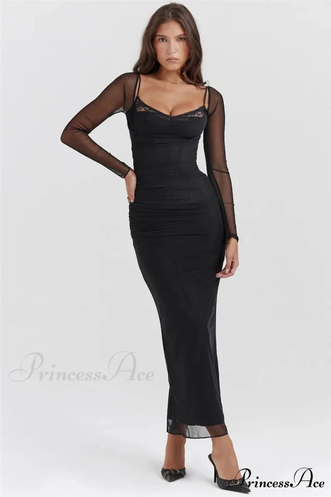 Sheer Long Sleeve Charming Bodycon Maxi Dress - Image 22