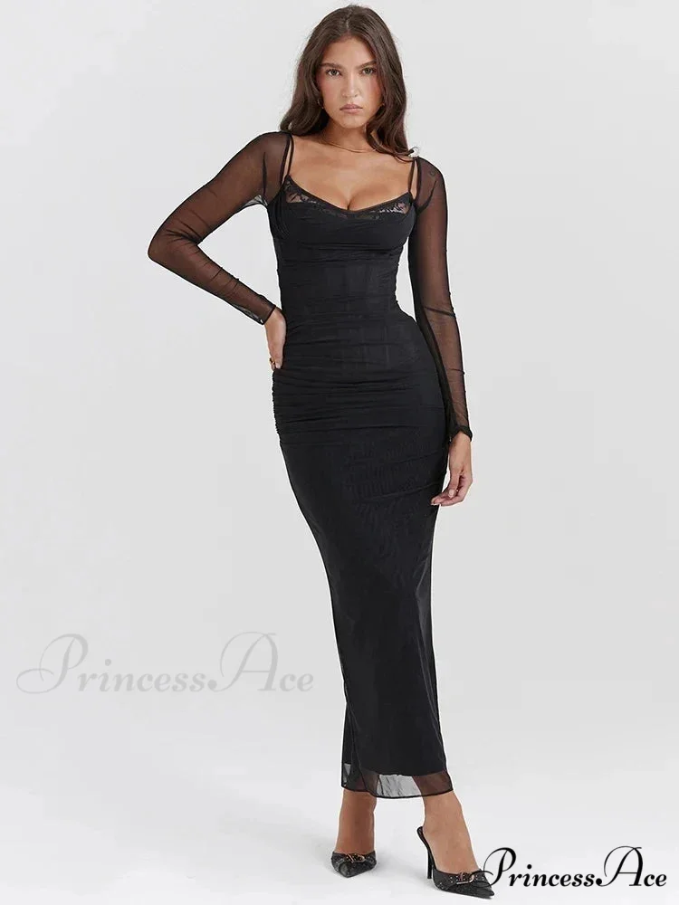 Sheer Long Sleeve Charming Bodycon Maxi Dress - Image 3