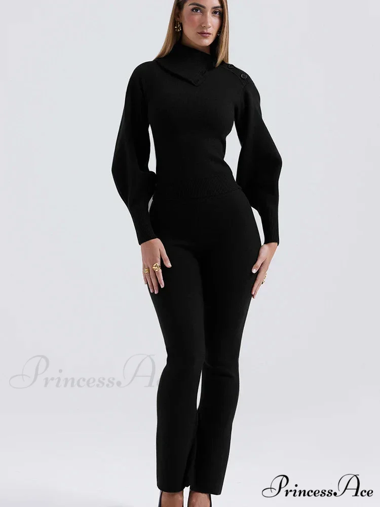 Knit Rib Long Sleeve Graceful Top And Pants Set - Image 17