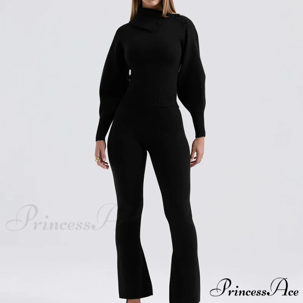 Knit Rib Long Sleeve Graceful Top And Pants Set - Image 2