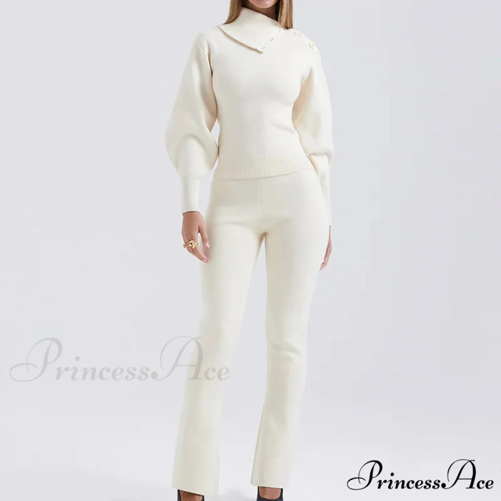 Knit Rib Long Sleeve Graceful Top And Pants Set - Image 3