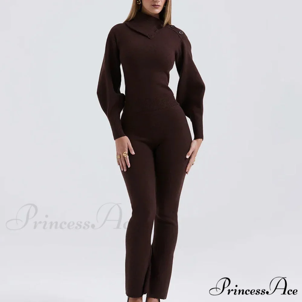 Knit Rib Long Sleeve Graceful Top And Pants Set - Image 4