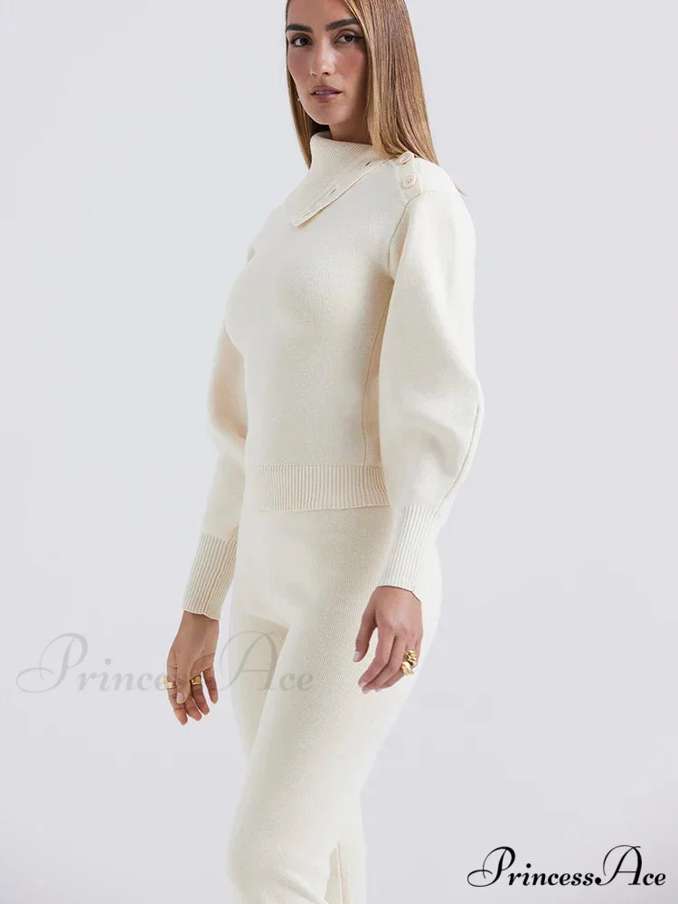 Knit Rib Long Sleeve Graceful Top And Pants Set - Image 9