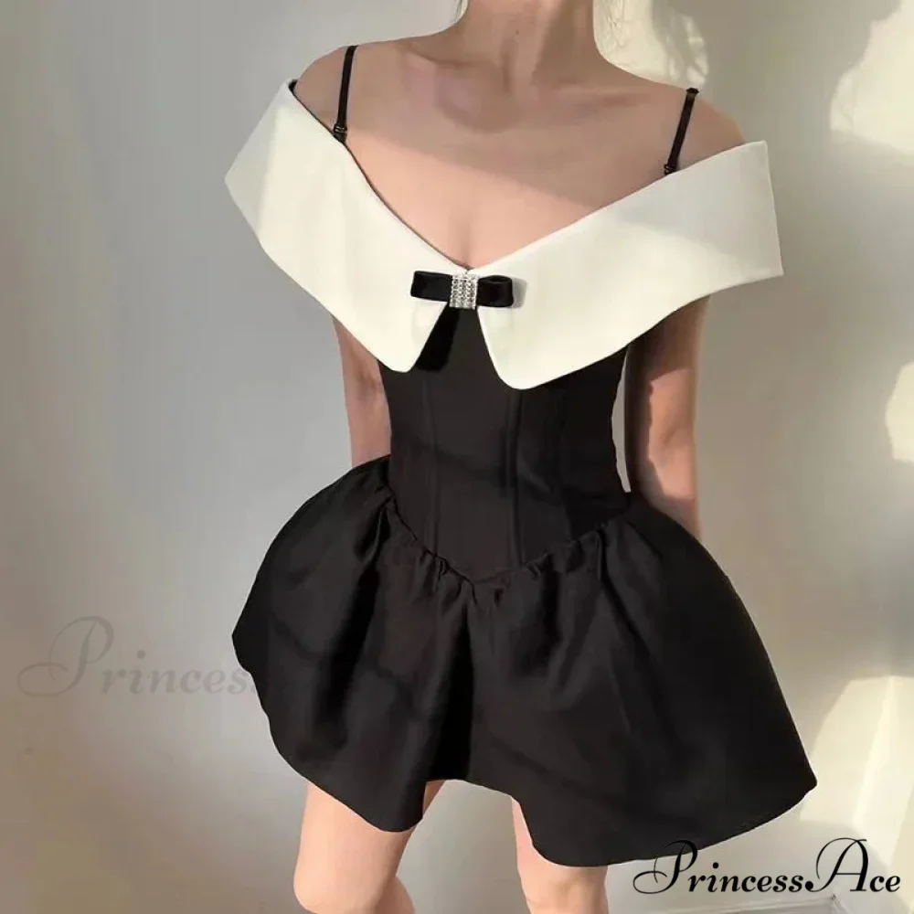 Black Off-Shoulder Contrast Charming Collar Mini Dress - Image 2