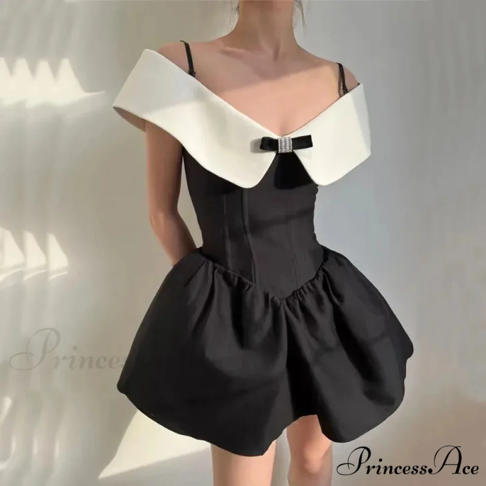 Black Off-Shoulder Contrast Charming Collar Mini Dress - Image 3