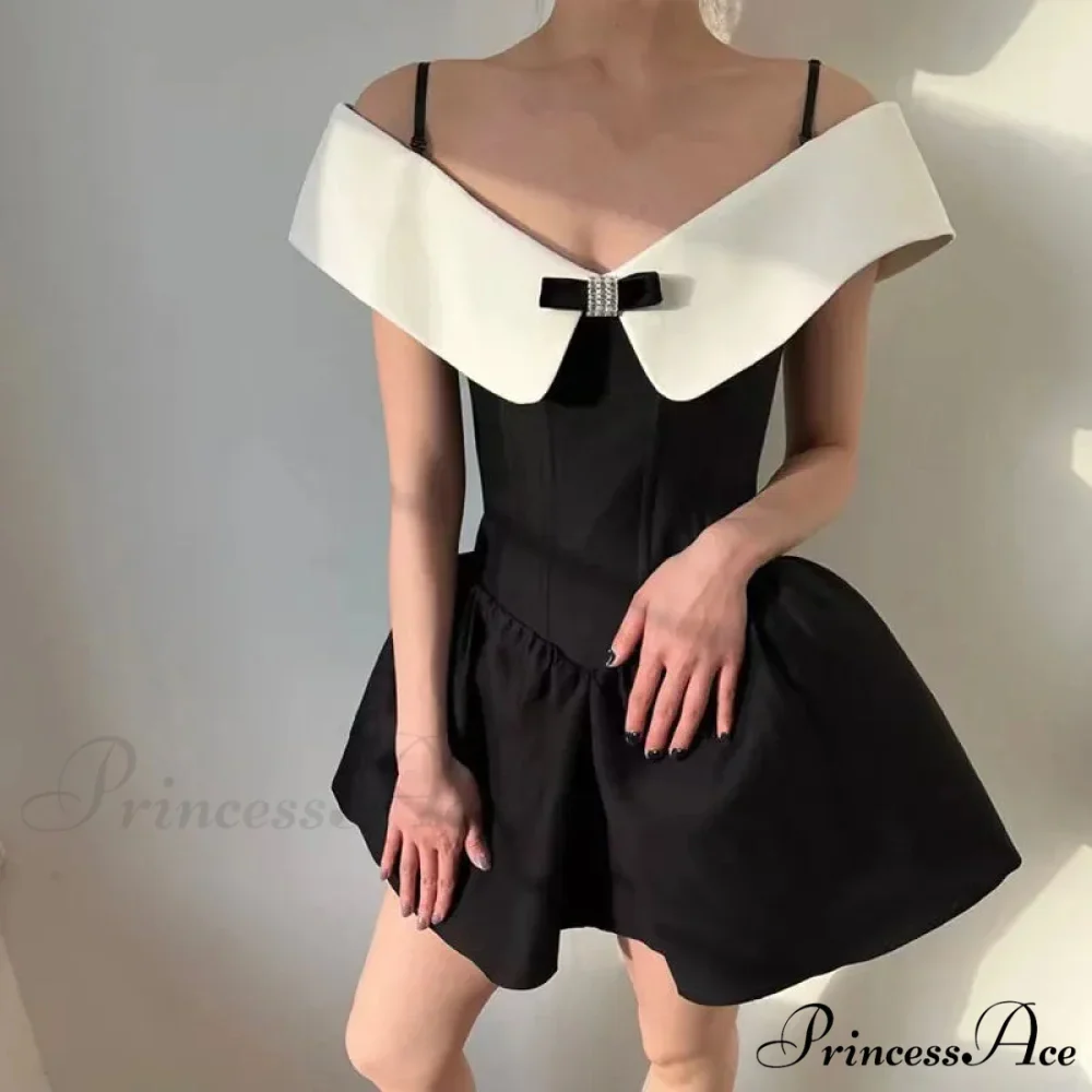 Black Off-Shoulder Contrast Charming Collar Mini Dress - Image 4