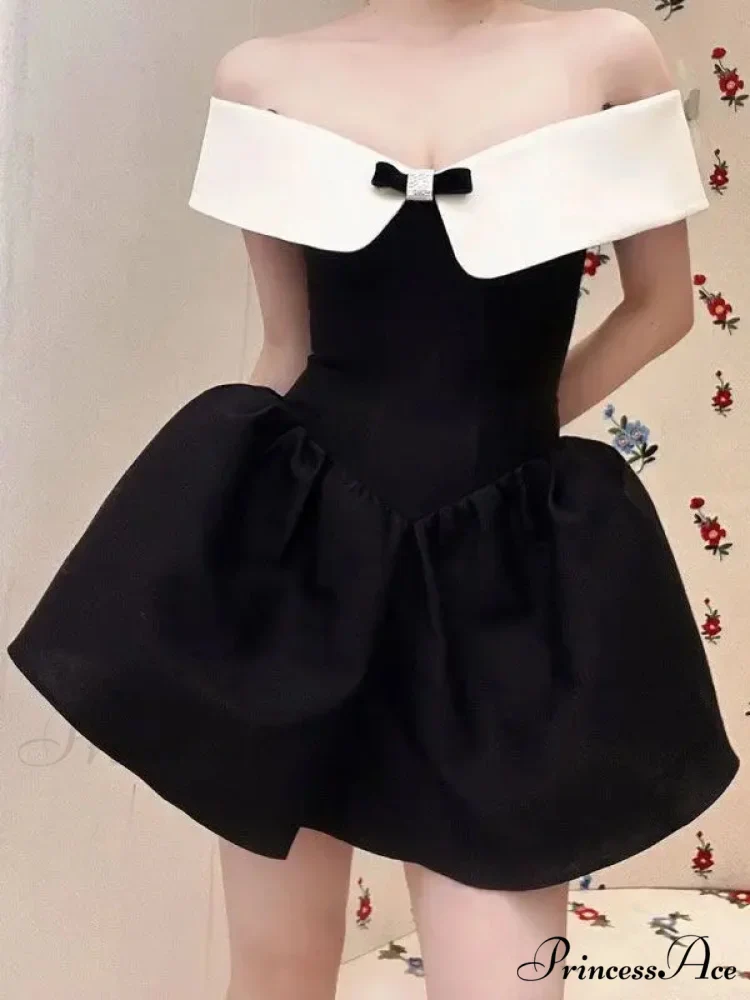 Black Off-Shoulder Contrast Charming Collar Mini Dress - Image 5