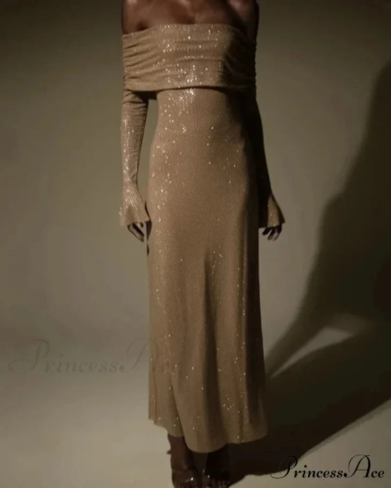 Sequin Long Sleeve Charming Off-Shoulder Maxi Dress - Image 4