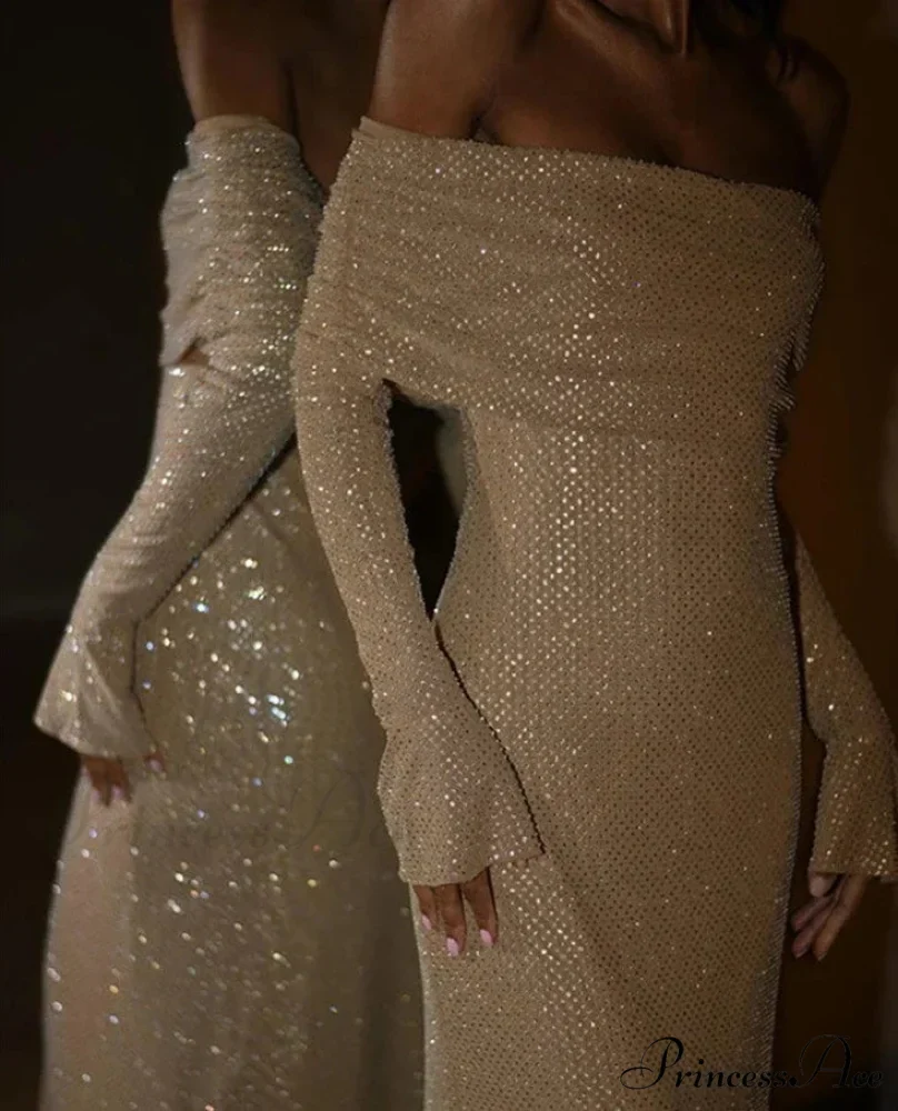 Sequin Long Sleeve Charming Off-Shoulder Maxi Dress - Image 5
