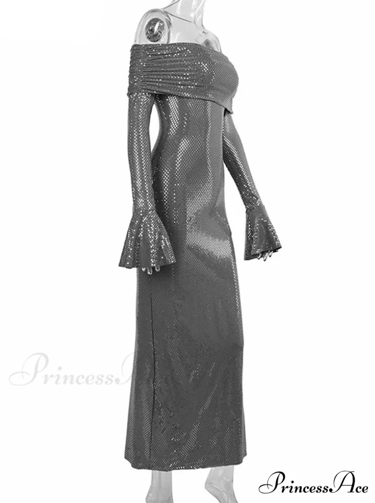 Sequin Long Sleeve Charming Off-Shoulder Maxi Dress - Image 9