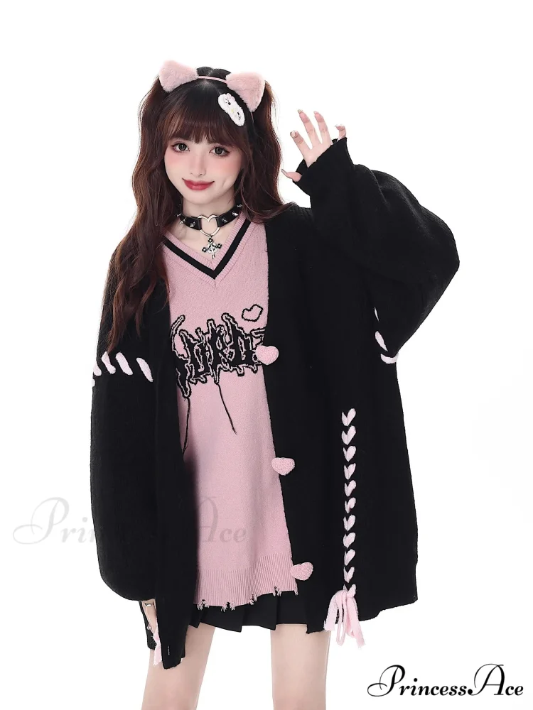 Heart Buttons Ribbion Charming Lace Up Cardigan - Image 11