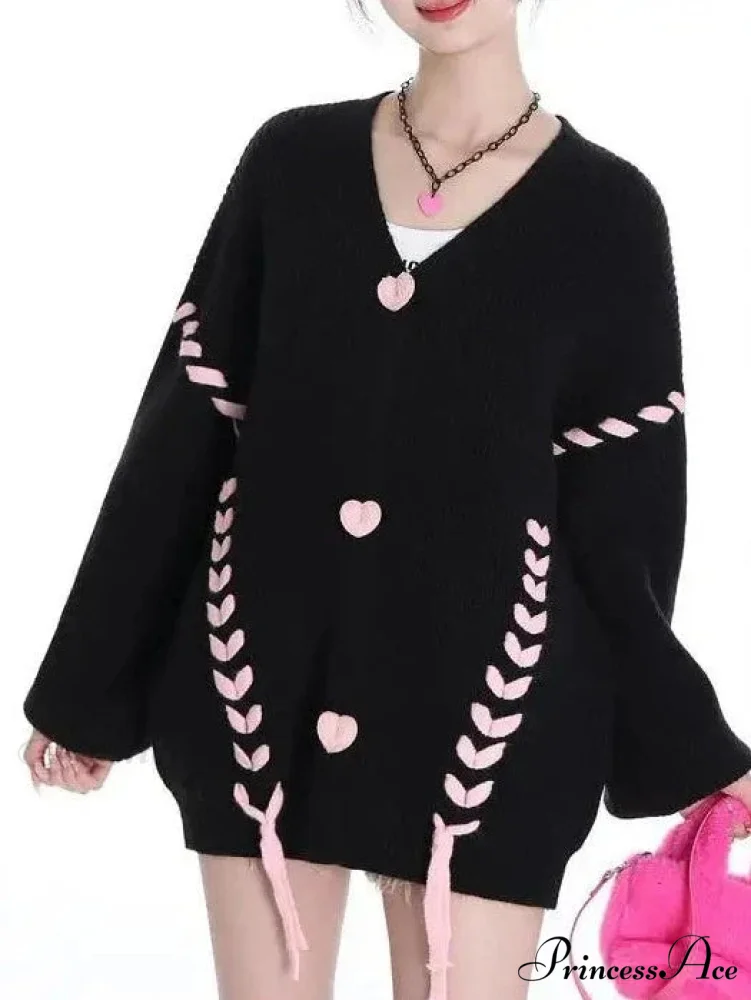 Heart Buttons Ribbion Charming Lace Up Cardigan - Image 3