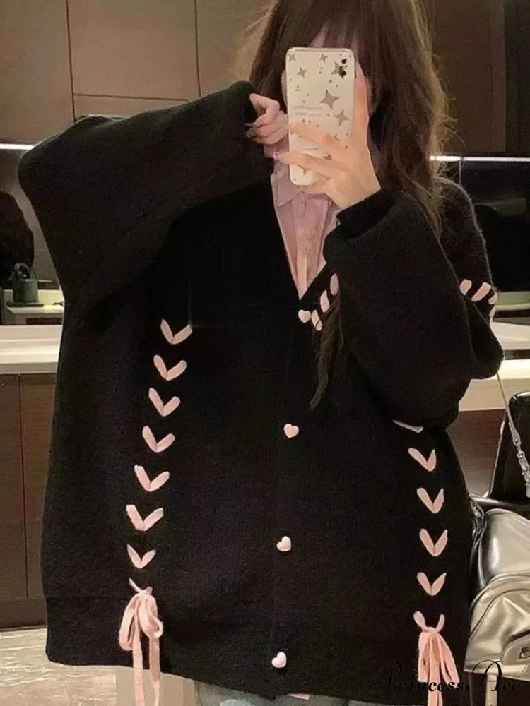 Heart Buttons Ribbion Charming Lace Up Cardigan - Image 6