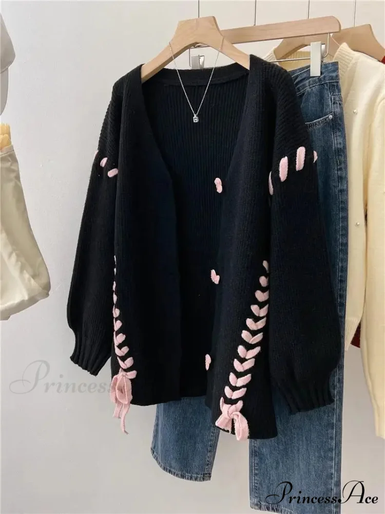 Heart Buttons Ribbion Charming Lace Up Cardigan - Image 8