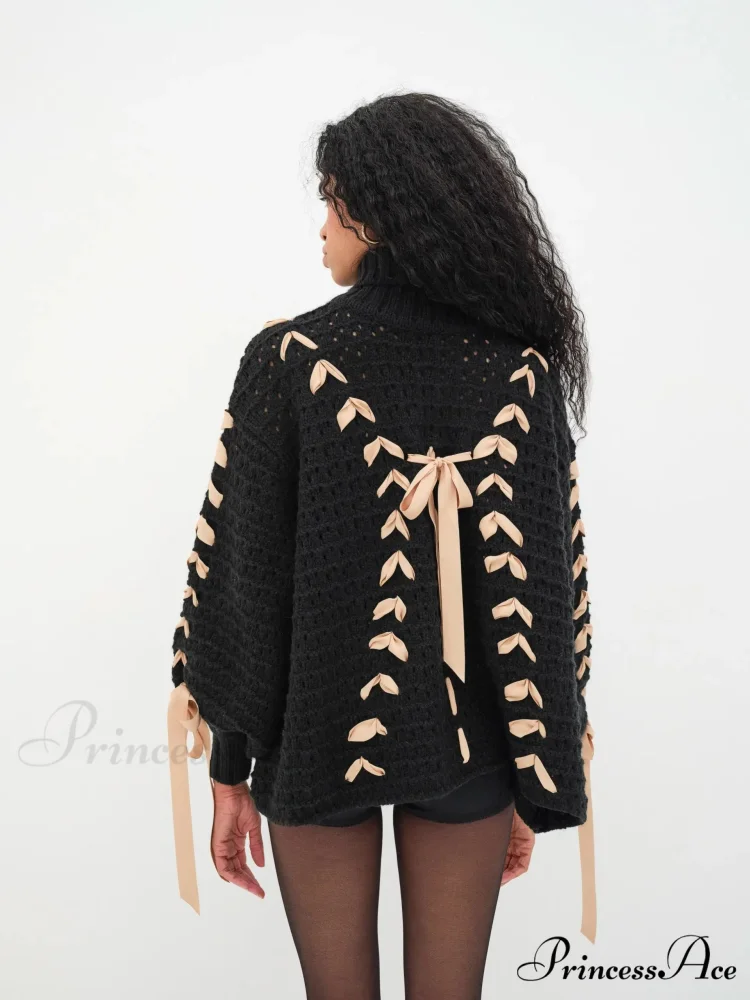 Black Turtleneck Stylish Ribbon Bow Sweater - Image 2