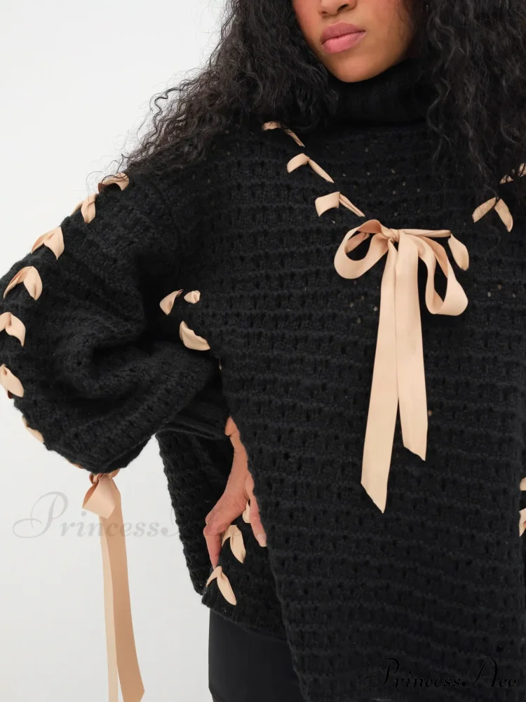 Black Turtleneck Stylish Ribbon Bow Sweater - Image 3