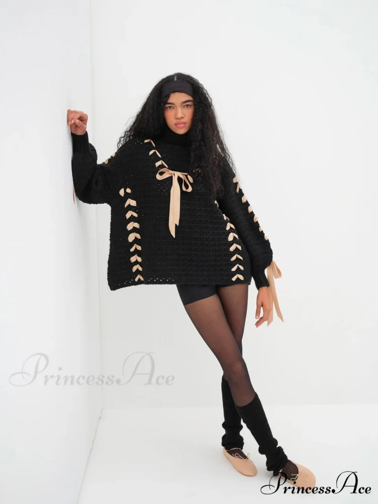 Black Turtleneck Stylish Ribbon Bow Sweater - Image 4