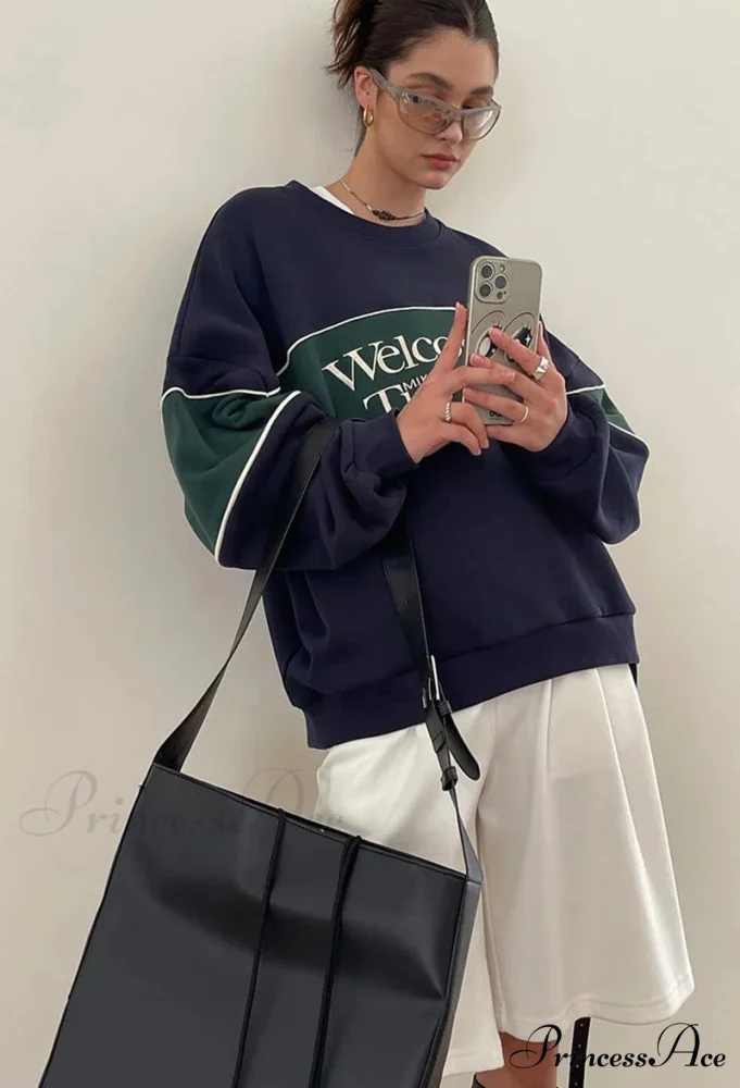 Blue Letter Stylish Print Sweatshirt - Image 15