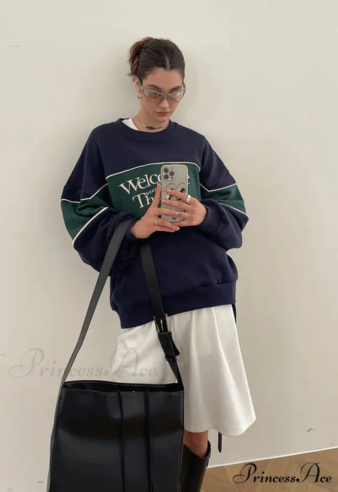 Blue Letter Stylish Print Sweatshirt - Image 16