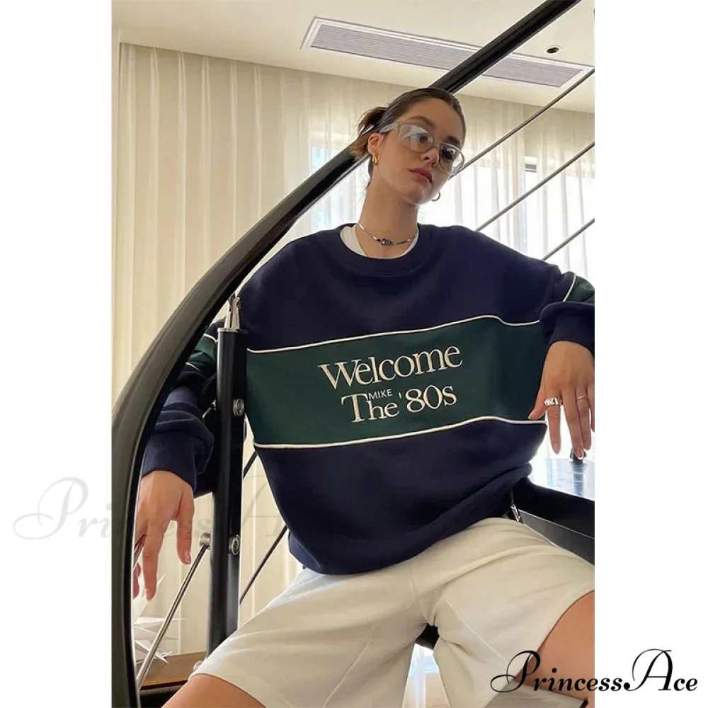 Blue Letter Stylish Print Sweatshirt - Image 2