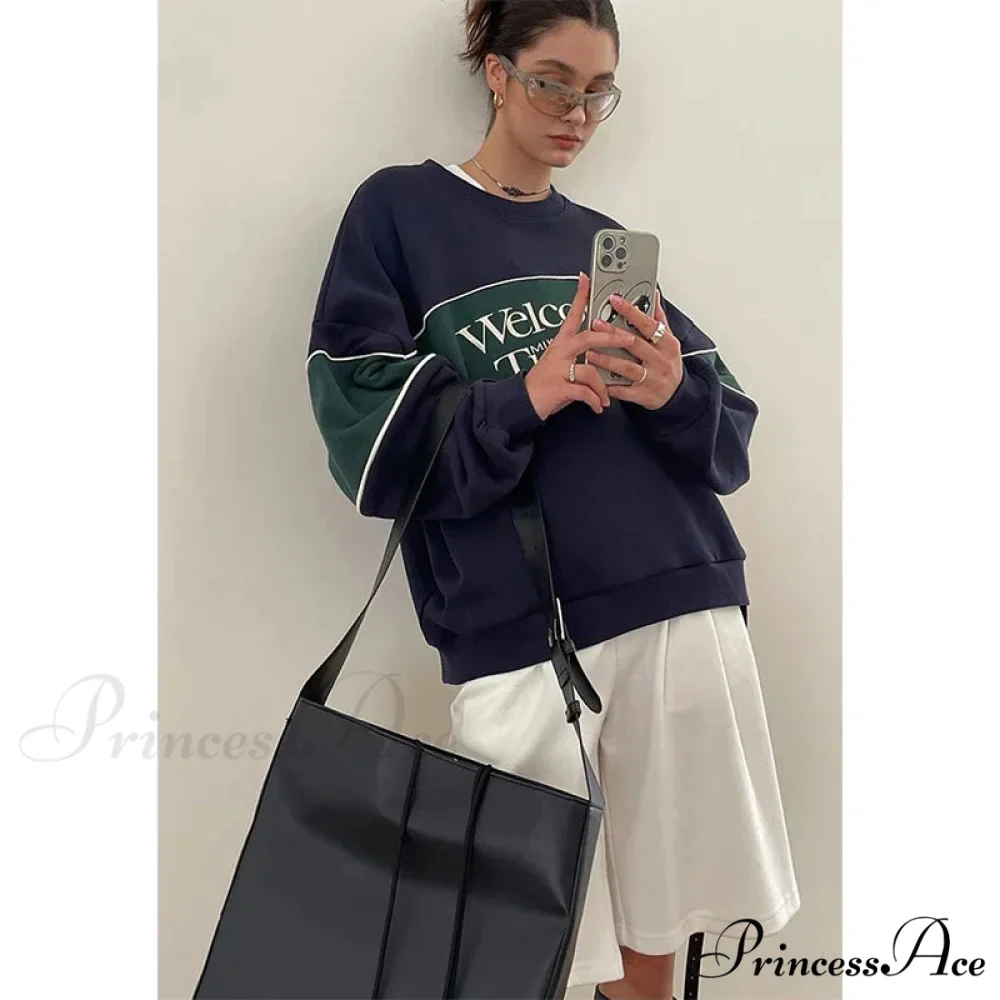 Blue Letter Stylish Print Sweatshirt - Image 5