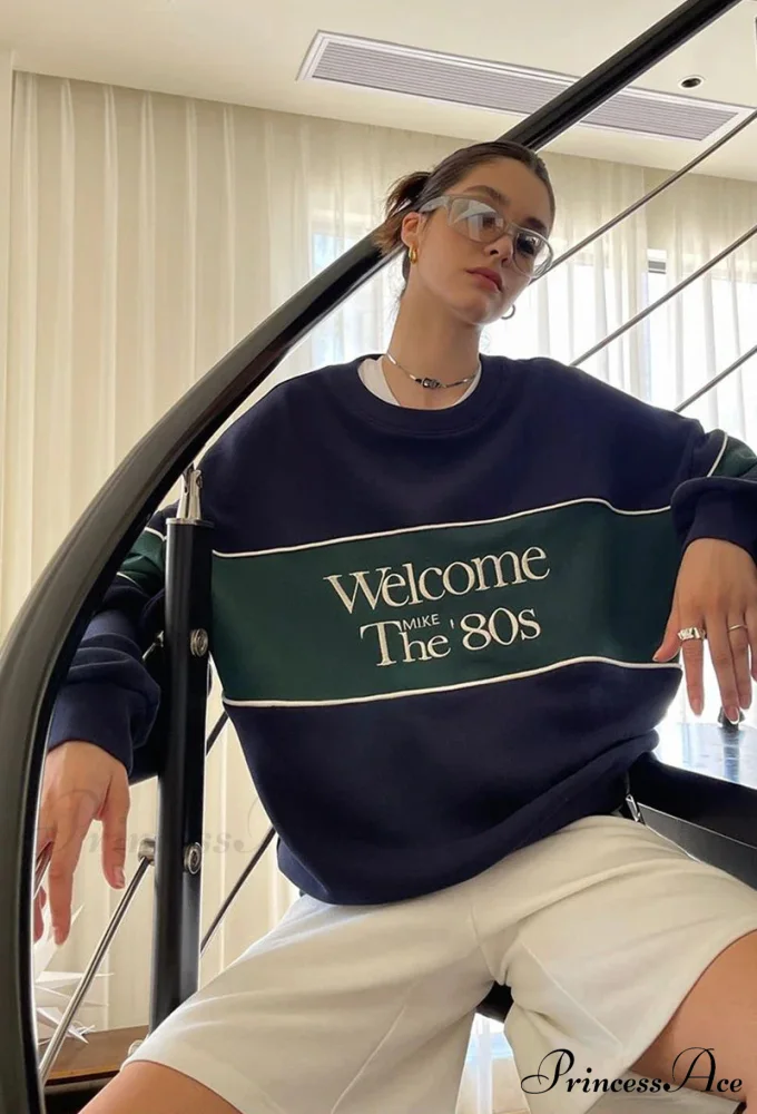 Blue Letter Stylish Print Sweatshirt - Image 9