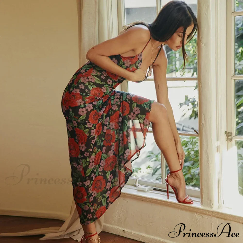 Flower Print Mesh Charming Slip Maxi Dress - Image 10