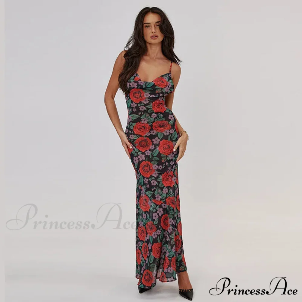 Flower Print Mesh Charming Slip Maxi Dress - Image 11