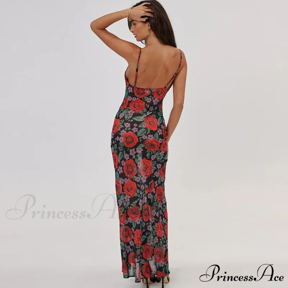 Flower Print Mesh Charming Slip Maxi Dress - Image 12