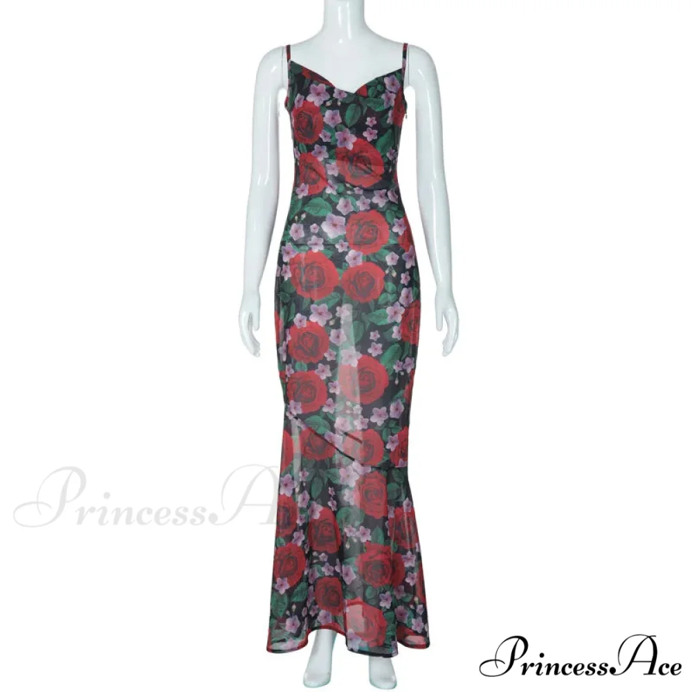 Flower Print Mesh Charming Slip Maxi Dress - Image 13