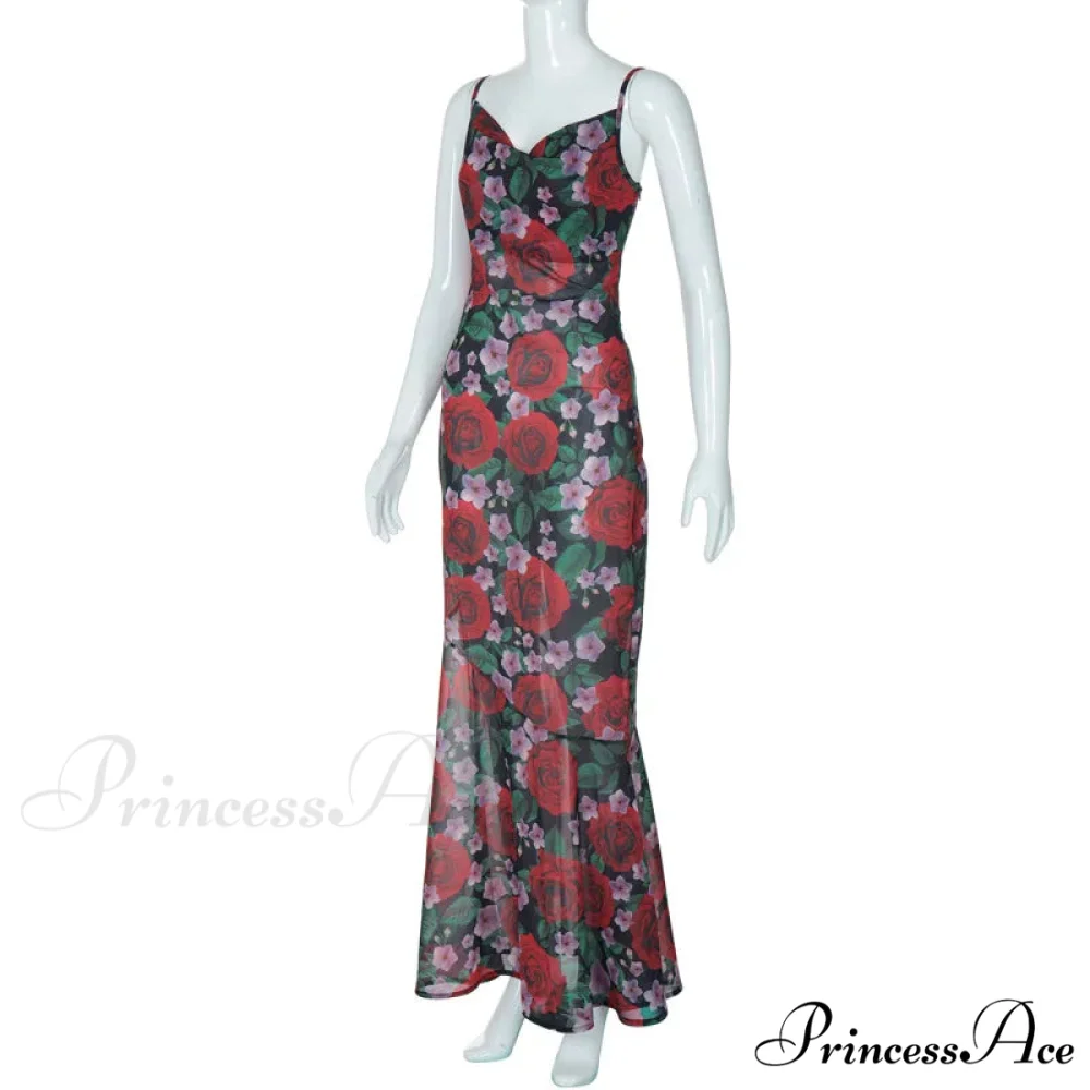 Flower Print Mesh Charming Slip Maxi Dress - Image 14