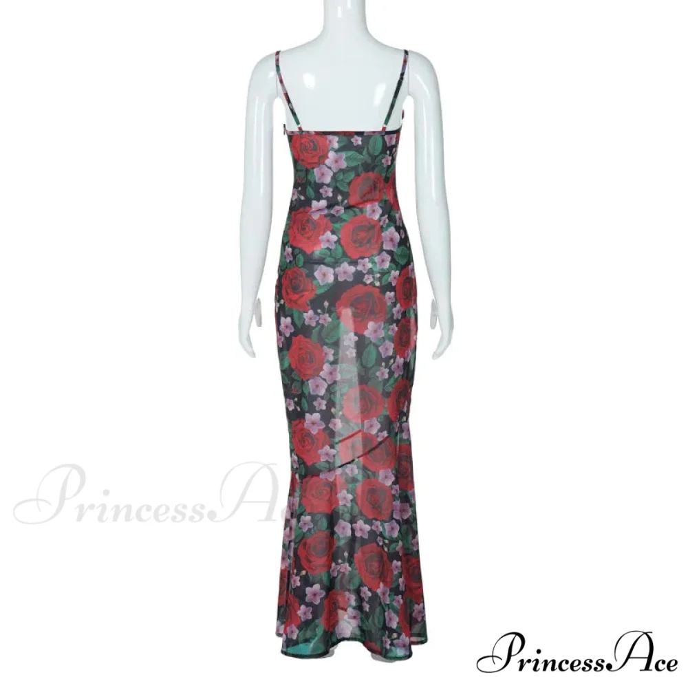 Flower Print Mesh Charming Slip Maxi Dress - Image 15