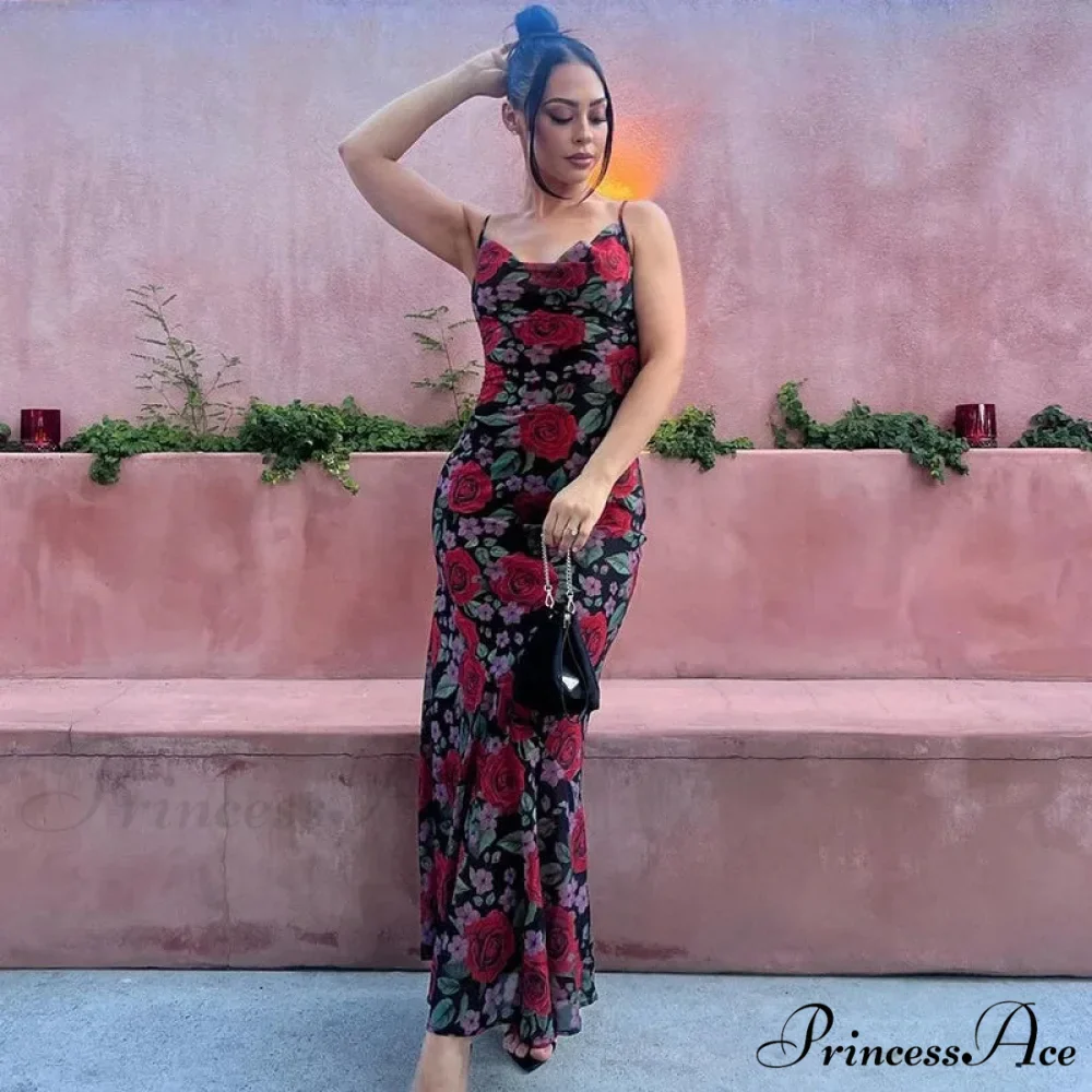 Flower Print Mesh Charming Slip Maxi Dress - Image 4